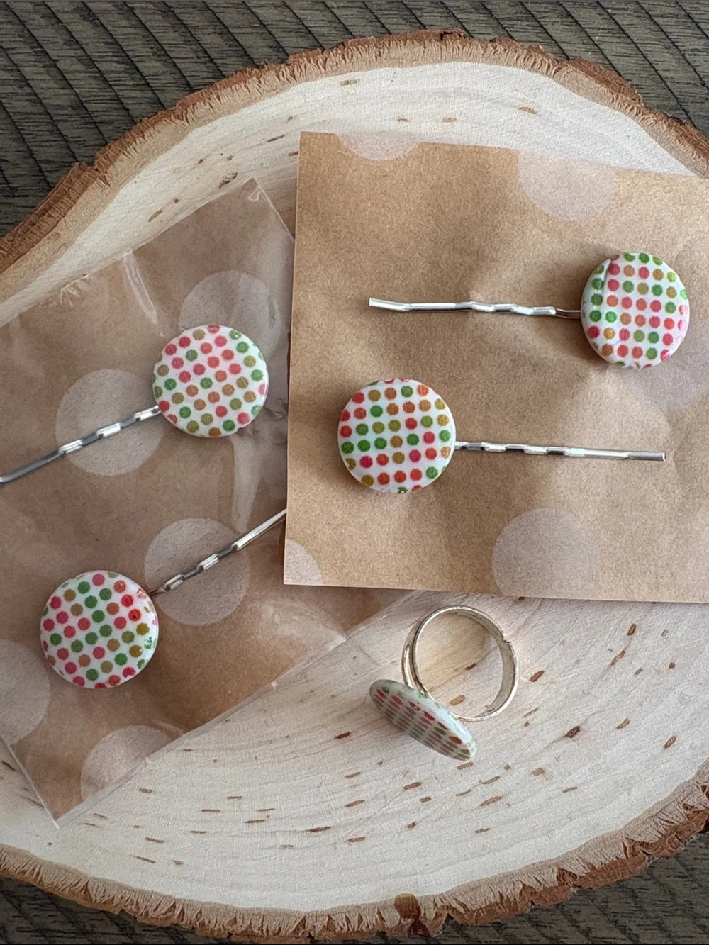 Handmade Kids Polka Dot Hairpins and Ring Set - Multicolor